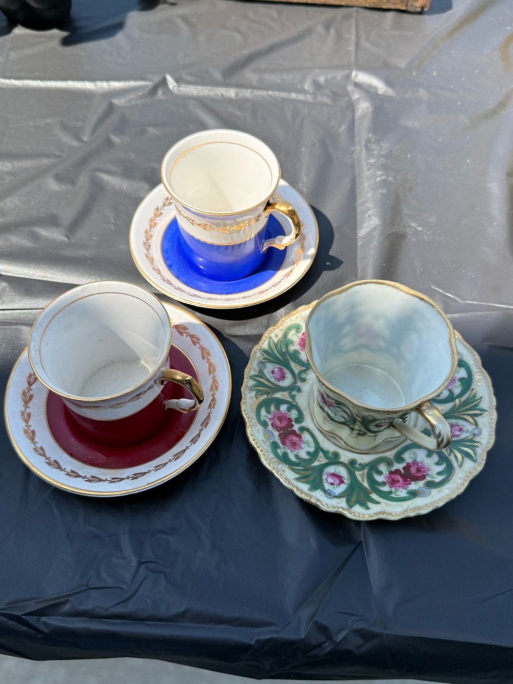 Vintage Floral and Colored Tea Cup Trio - Blue, Red, Green